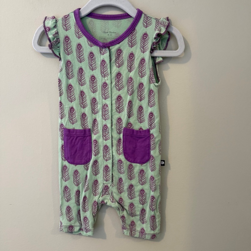 Sweet‎ Bamboo Peacock Feather Romper Mint Green Purple Flutter Sleeve 3-6 Months